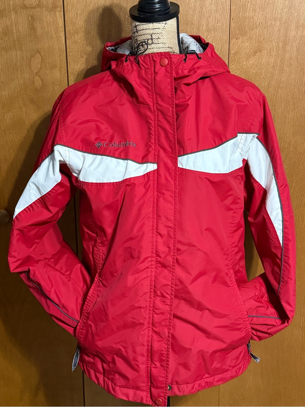 Columbia Women’s Red and White Hooded Coat
